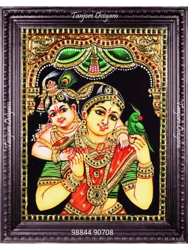 Authentic Krishna Yashodha painting with traditional Tanjore gold foil work and maternal devotional expression